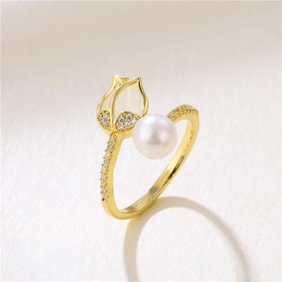 Módní Tulipánová Růžová Květinová Křišťálová Perlová Ring Pro Ženy Trendy Kreativní Opál Zirkon Prsteny na Prsty Párty Svatba Šperky Dárky