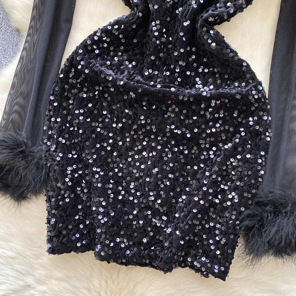 Moteriška šviesi prabangi tinklinio audinio suknele su blizgučiais Moteriška plona plona suknelė vakarienės vakarėliui