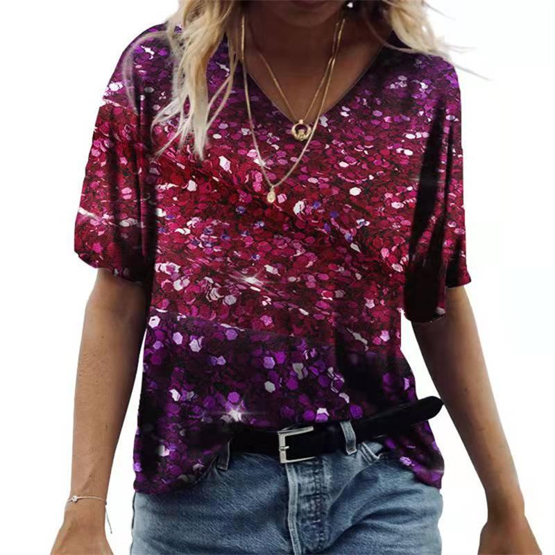 Damski T-shirt z krótkim rękawem i dekoltem V Luźny T-shirt Miejski Casual Nadruk 3D Damska Podstawa