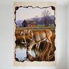 Rustic Vintage Deer In Pastoral Scene Metal Tin Sign, Antlers Buck Drinking Water with Cabin & Grasses, Early Autumn Fall Landsc