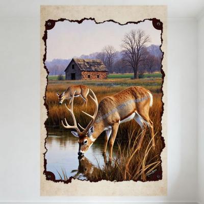 Rustic Vintage Deer In Pastoral Scene Metal Tin Sign, Antlers Buck Drinking Water with Cabin & Grasses, Early Autumn Fall Landsc