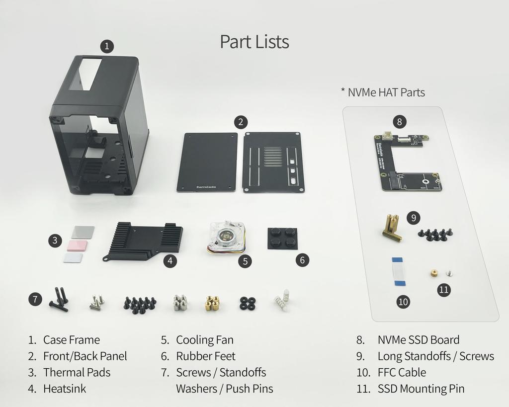 ElectroCookie Mini PC Case for Raspberry Pi 5 NVMe SSD PCIe HAT Active RGB Lighting Cooler Case HAT M.2 & (Black + M.2 [ECR5 SSDS])