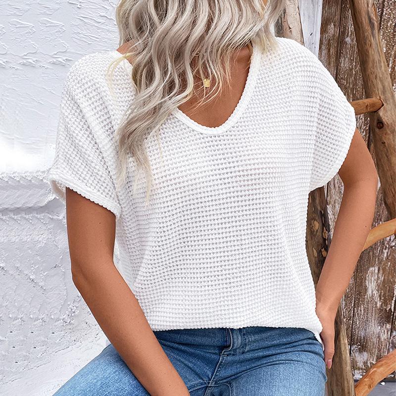 2025 Summer New Women's White V-Neck Short Sleeve Hollow Casual T-Shirt