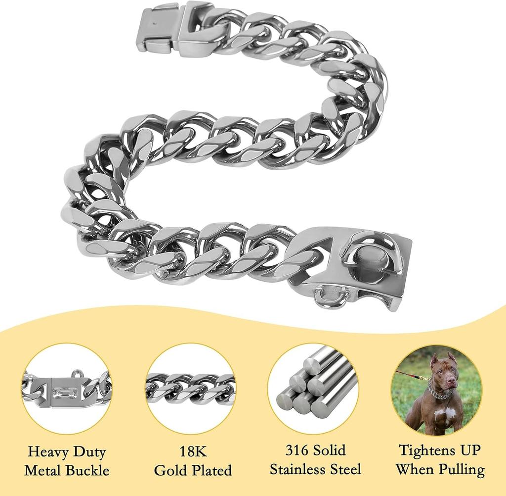 Kubansk länk hundhalsband 23MM Lättmetall Silverkedja Hundhalsband, Mode Smyckestillbehör för Valphund, Bully