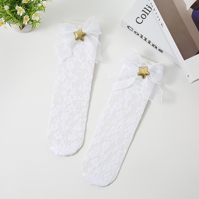 Girls Lace Bow Mid-Calf Socks - Spring/Summer, Non-Constricting, Loose Cuff One Size