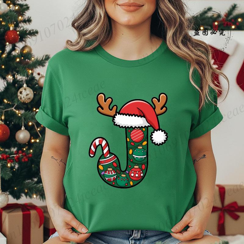 Fashion Printed T Shirt Festive Christmas Alphabet Letter with Santa Hat Women T Shirt Short Sleeves Crew Neck Female Clothes