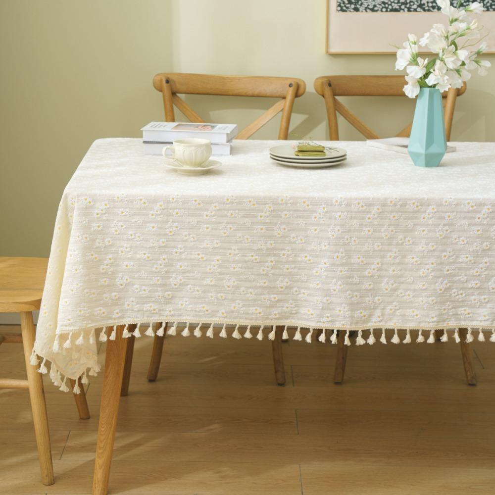 Bohemian Cotton Table Cover Non Slip White Decorative Cloth for Student Dorm Tea Table Dustproof