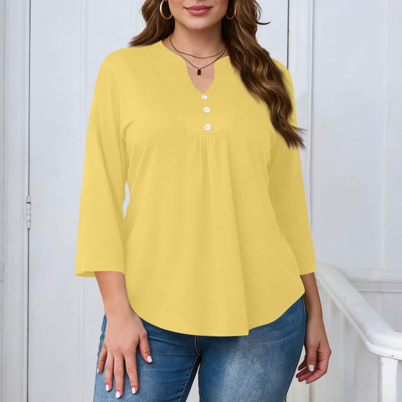 

Womens Plus Size Three Quarter Sleeve Blouse with Button Front Neck Solid Loose Fit Casual Top for Daily Wear XL жовтий