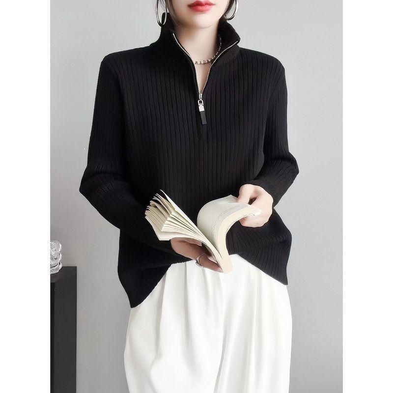 Autumn Winter Solid Color Pullover Zipper Long Sleeve Sweater Knitted Elegant Women's Clothing Half Open Collar All-match Tops