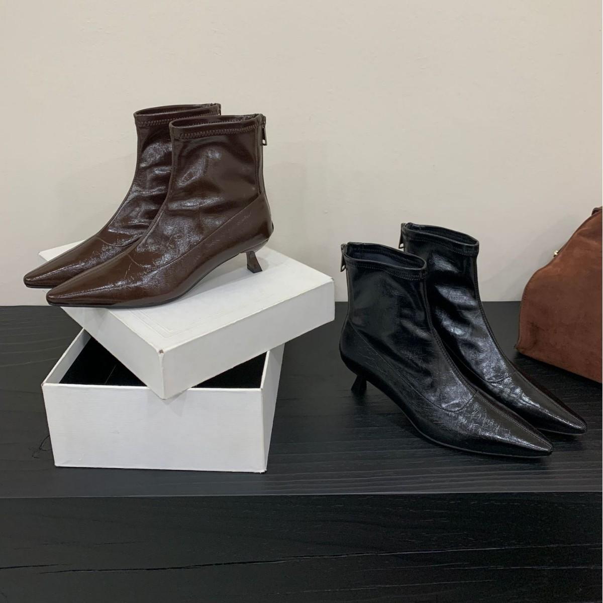 

2025 new pointed dwarf with back zipper low tube thin soft leather Martin fashion women s short boots 39 чёрный