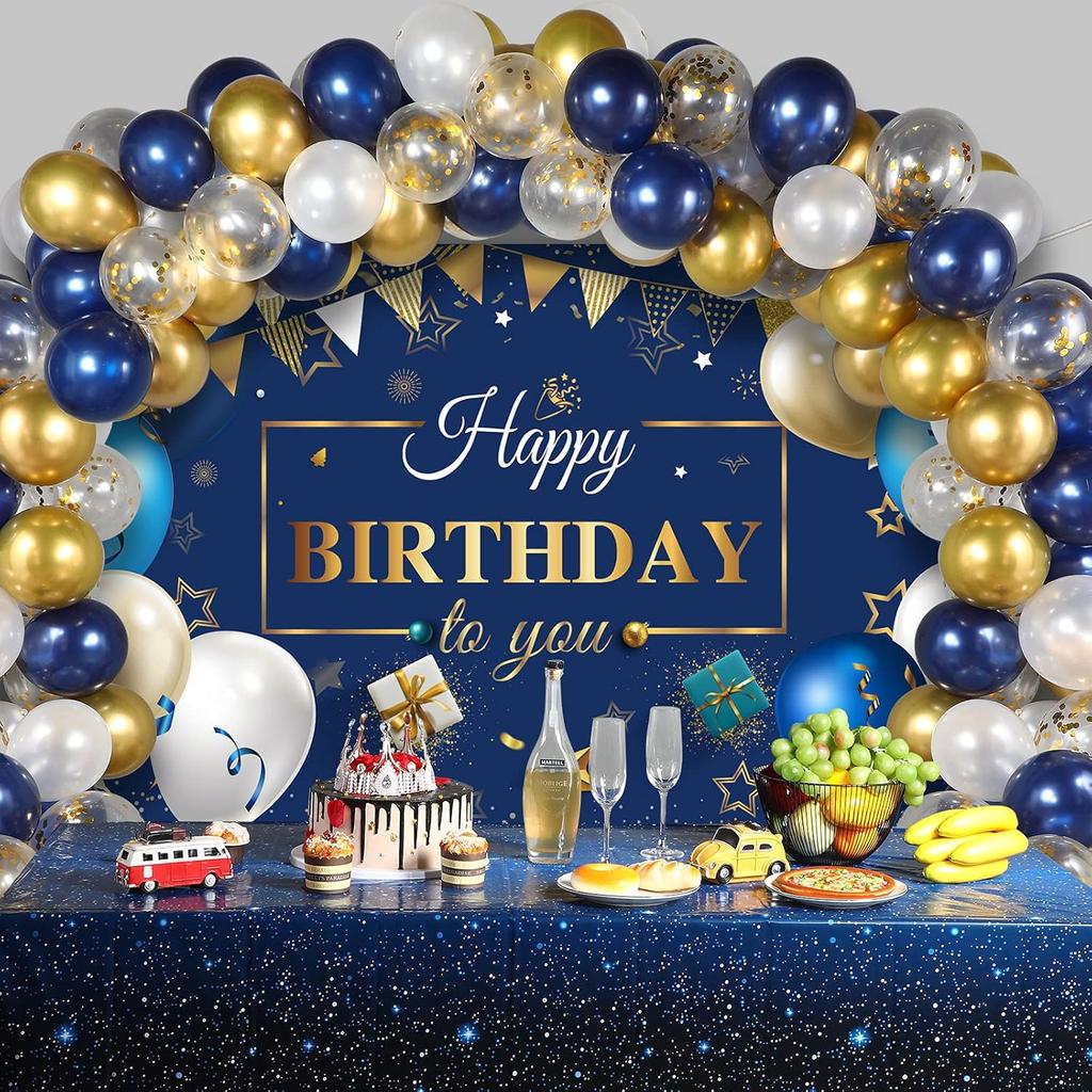 Navy Blue Birthday Confetti Balloons Kit Set 50 Pieces Photography Backdrop Banner Package for Boys Girls Men Women Birthday Party Decorations