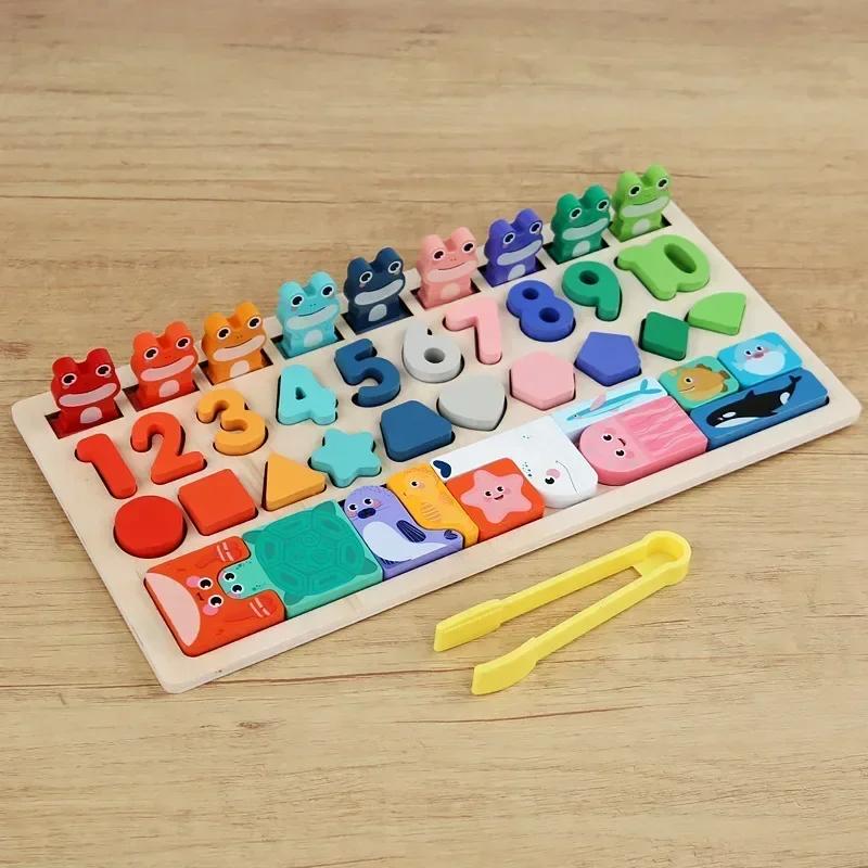 Non-Toxic Montessori Toys Wooden Number Puzzle Sorting For Toddlers Shape Sorter Counting Fishing Game Educational Math Stacking Block
