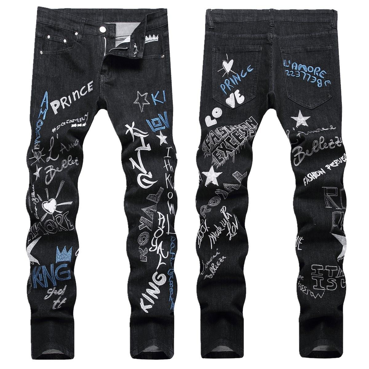 

New Street Men s Jeans Embroidered Denim Pants Youthful And Trendy Mid Waist Casual Pants 30 чорний