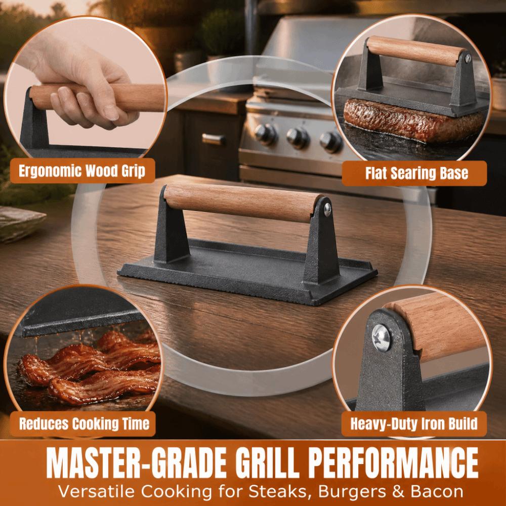 Black Burger Press Wood Handle Bacon Press Practical Cast Iron Grill Press  Burger Bacon Steak