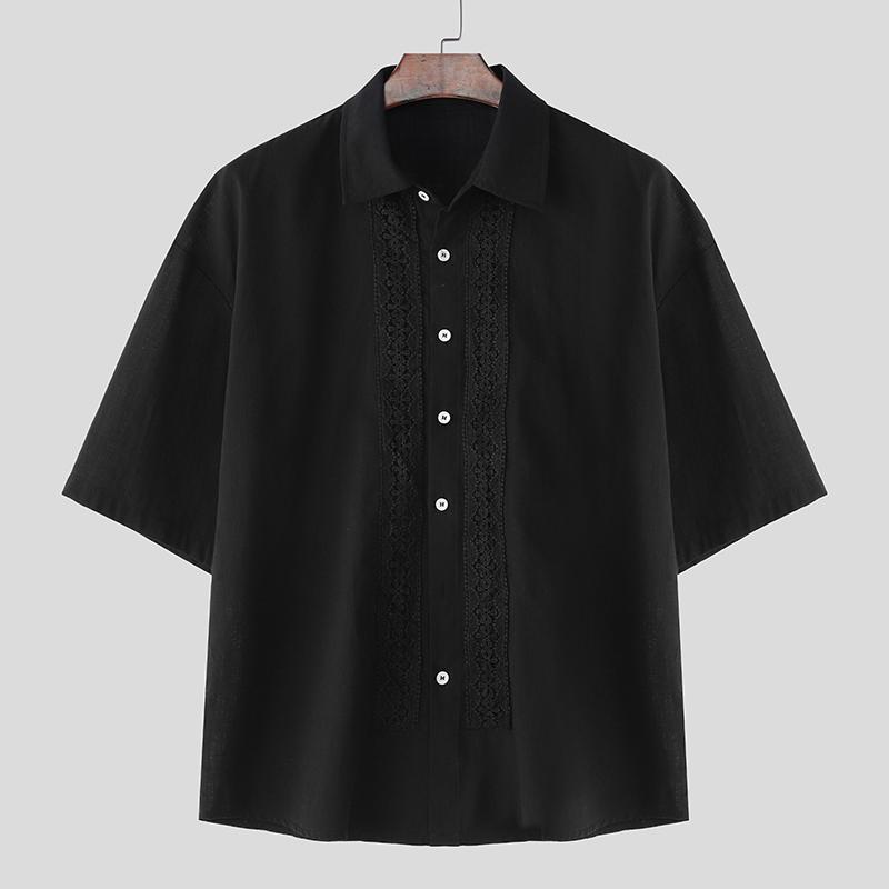 

INCERUN Men Lapel Neck Short Sleeve Lace Hem Buttons Up Casual Shirts S чёрный