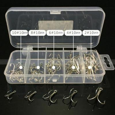 50Pcs Sharpened Fishing Treble Hooks Carbon Steel Fishing Tackles with Plastic Box