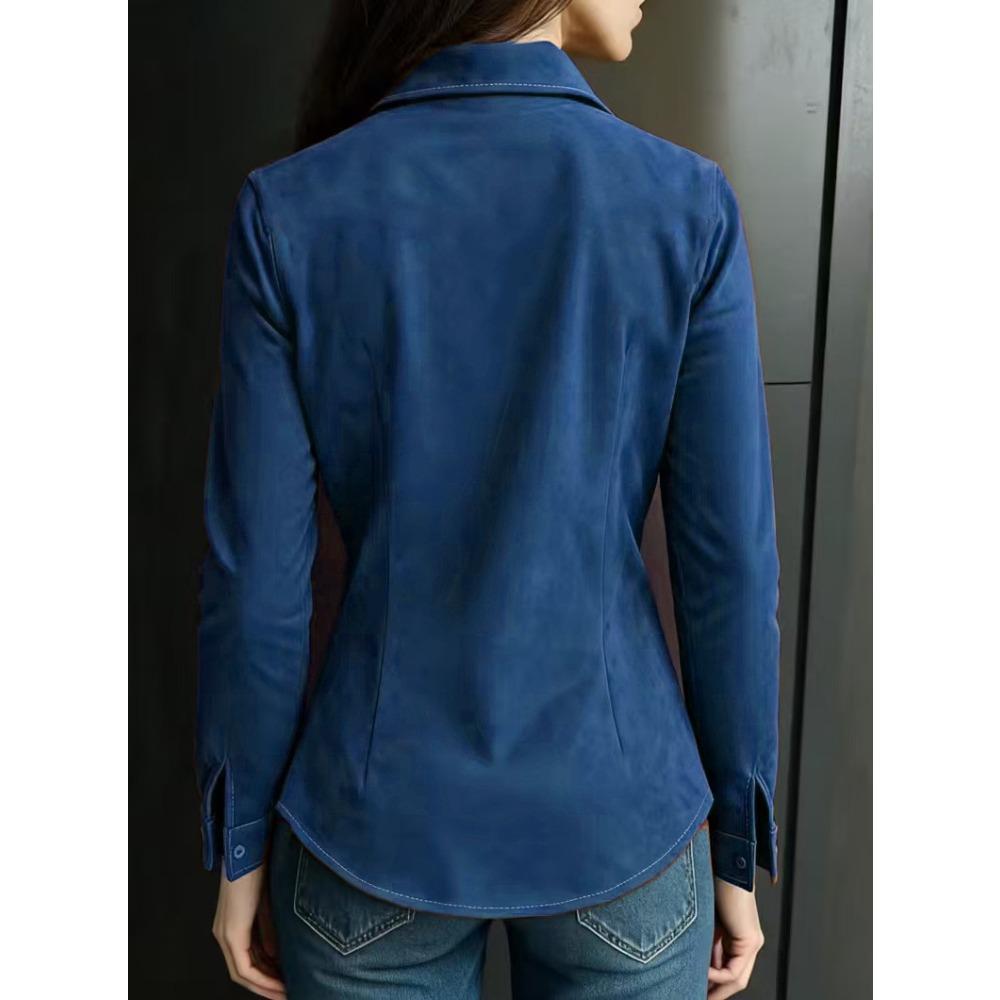 New Long-sleeved Deer Suede Shirt – Women’s Fitted Casual Shirt with Pockets