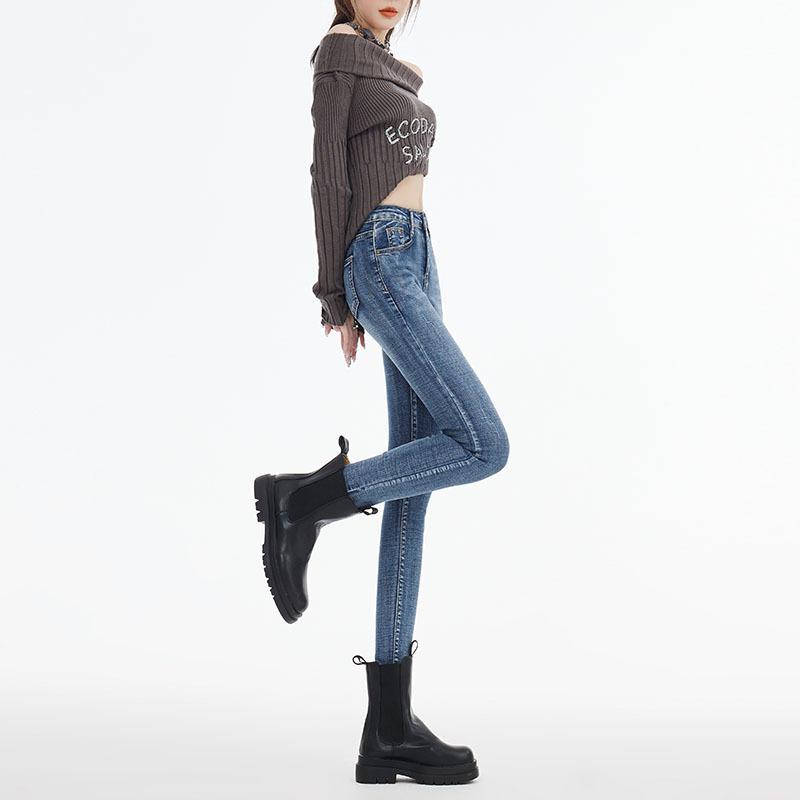 Autumn and Winter Pencil Pants High Waist Breasted Belly Thin Elastic Nine-point Jeans Women
