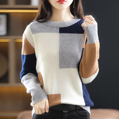 Spring Autumn Women's Crew Neck Color Block Sweater Long Sleeve Pullover Sweater Sweater Sweater Tops Jumper