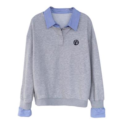 Striped Fake Two-piece Sweatshirt for Women's Spring New High-end Style Loose Casual Age-reducing Pullover Top Trendy