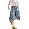 Mens Retro Star Patch Denim Capri Pants Loose Fit Casual Wide Leg Shorts