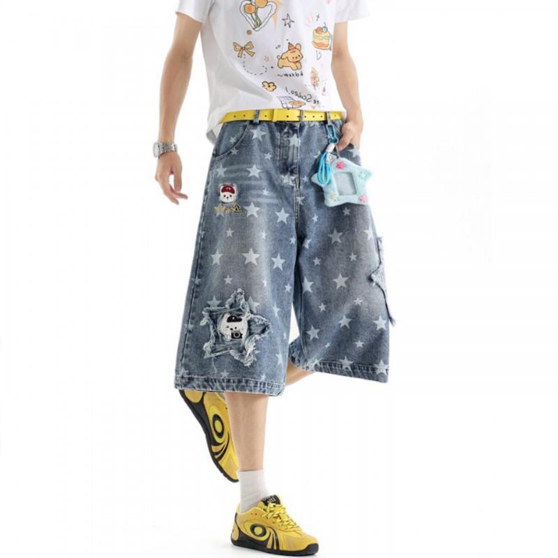 Mens Retro Star Patch Denim Capri Pants Loose Fit Casual Wide Leg Shorts