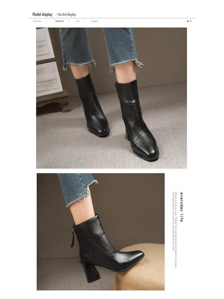 Genuine Leather Chunky Heel Patchwork Short Boots for Women - Autumn/Winter Style with Back Zipper and Frosted Finish
