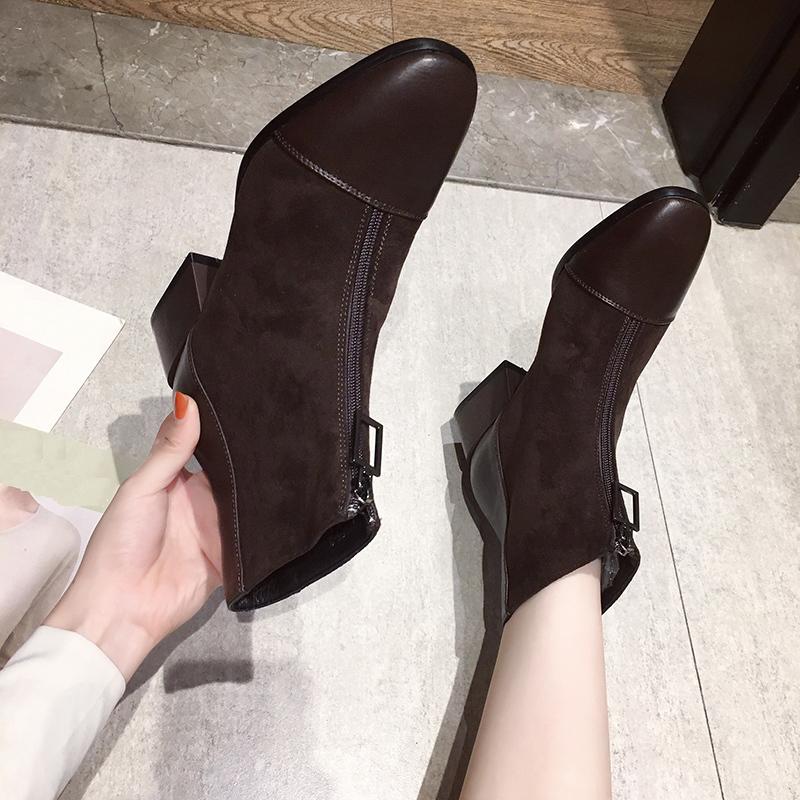 Women's Fashion Mid Boots Fashionable Boots with Front Zipper Thick Heel Suede Midsole Boots Leather Shoes Women's Shoes 35-40