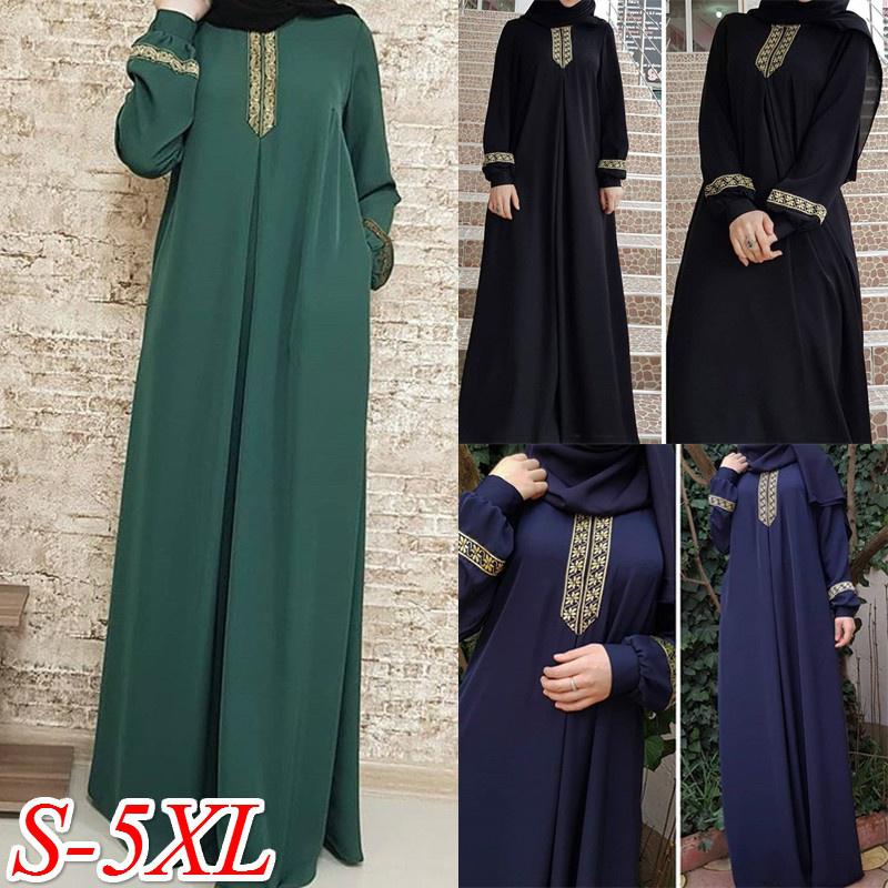 Buy Middle Eastern Muslim ethnic style printed elastic cuffs long sleeve loose robes dress at