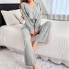 Women's V Neck Brushed Ribbed Set, Long Sleeve with Pants
