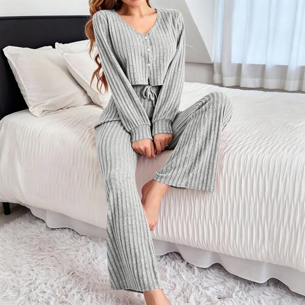 Women's V Neck Brushed Ribbed Set, Long Sleeve with Pants
