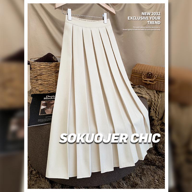 Högkvalitativ medellång plisserad A-linjeformad kjol med resår i midjan för kvinnor - Mångsidig höst/vinterstil