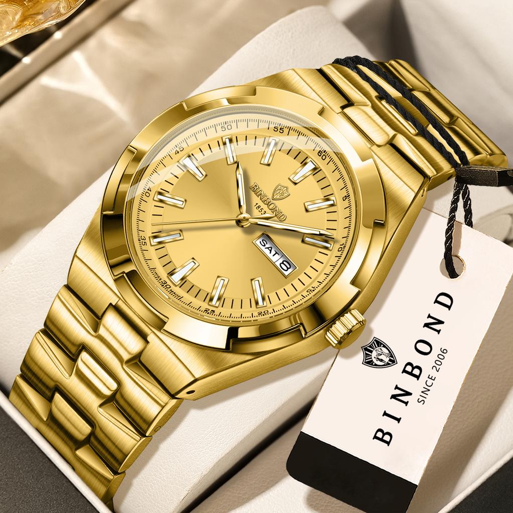 BINBOND Sturdy Waterproof Quartz Watch For Men Luxury Auto Date Week Display Luminous Precise Men's Watches Orginal Reloj