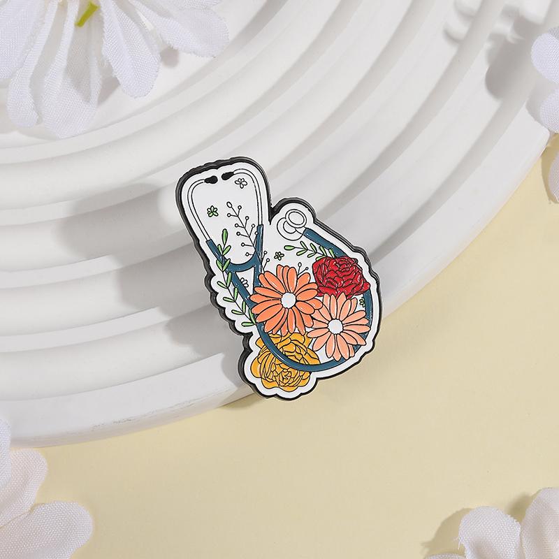Flower Stethoscope Enamel Pins Custom Doctors Nurses Brooches Lapel Badges Clothes Plant Jewelry Gift for Friends