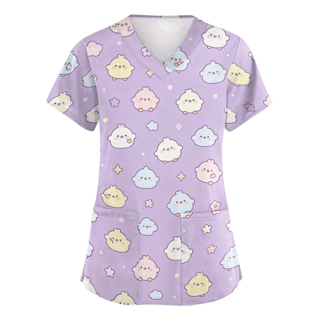 Women's V Neck Short Sleeve Work Top with Pockets Cute Animal Print Medical Scrub Shirt for Healthcare Professionals Nursing Uniform