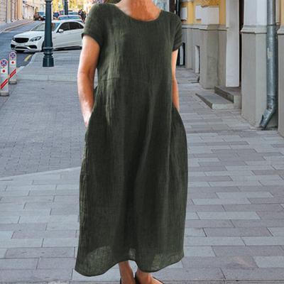 Summer Maxi Dress with Side Pockets Round Neck Short Sleeves Loose Solid Color Ankle Length Retro Dress for Daily Wear Dating Travel