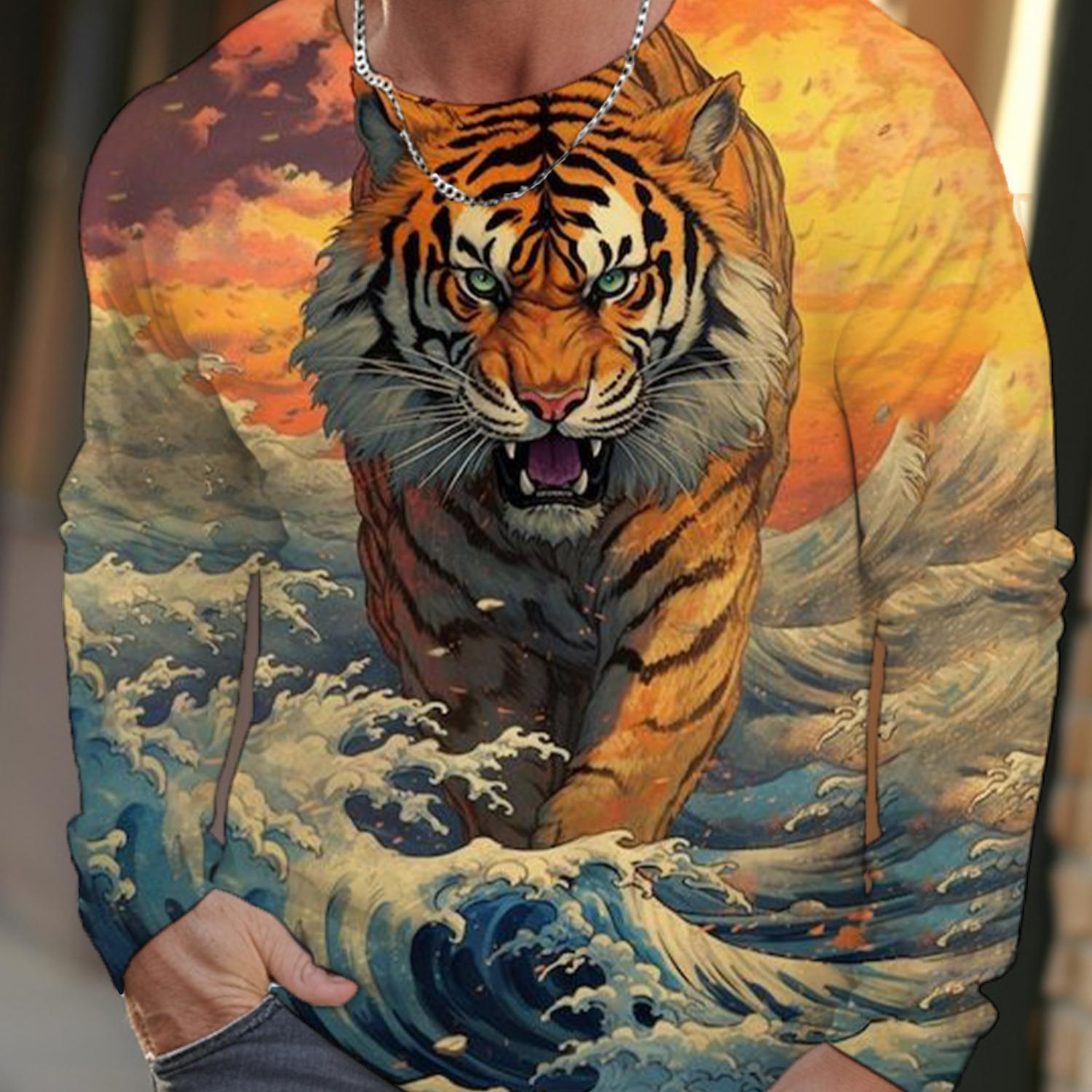 

2024 новая мужская футболка с длинными рукавами Ukiyoe с принтом тигра высокой четкости на 3D-принте, мужские осенние топы, повседневная футболка с круглым вырезом 4XL