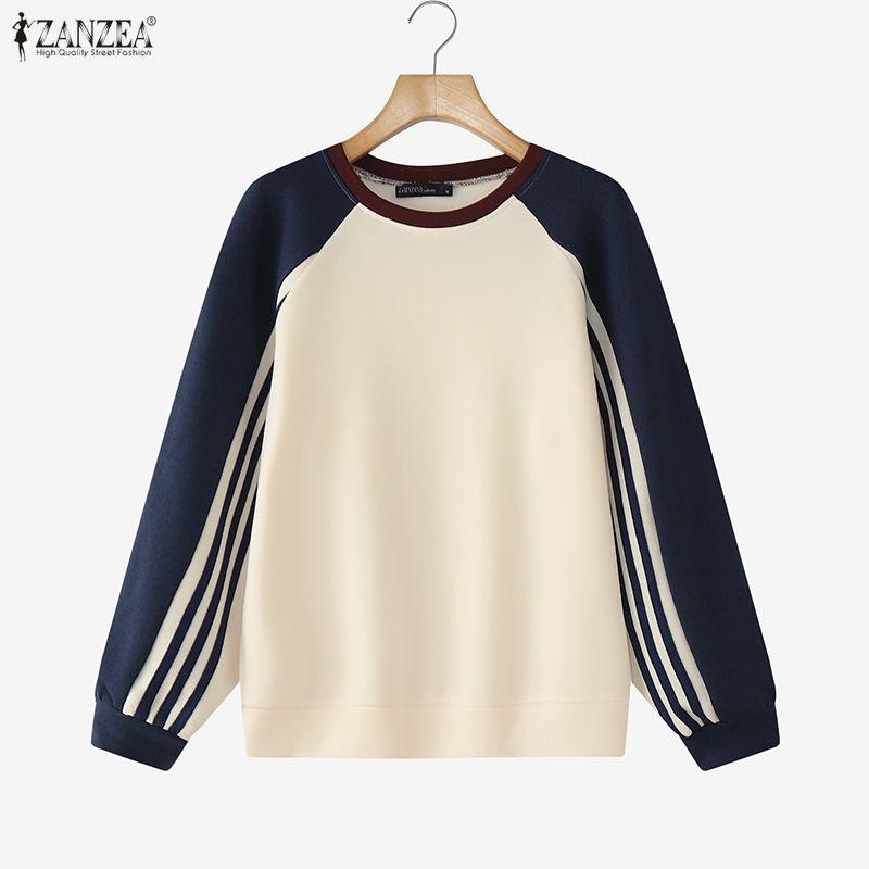 ZANZEA Women Casual Round Neck Patchwork Long Sleeve Pullover Sweatshirts