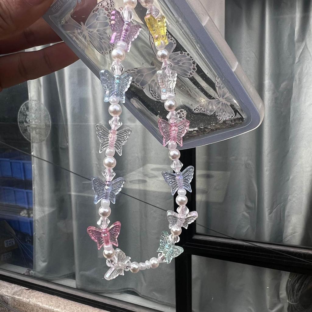 Handy-Lanyard Armband Schmetterling und Perlenkette Handy-Anhänger Anti-Verlust Y2K Handy-Riemen Aufhänger Kordel für Frauen