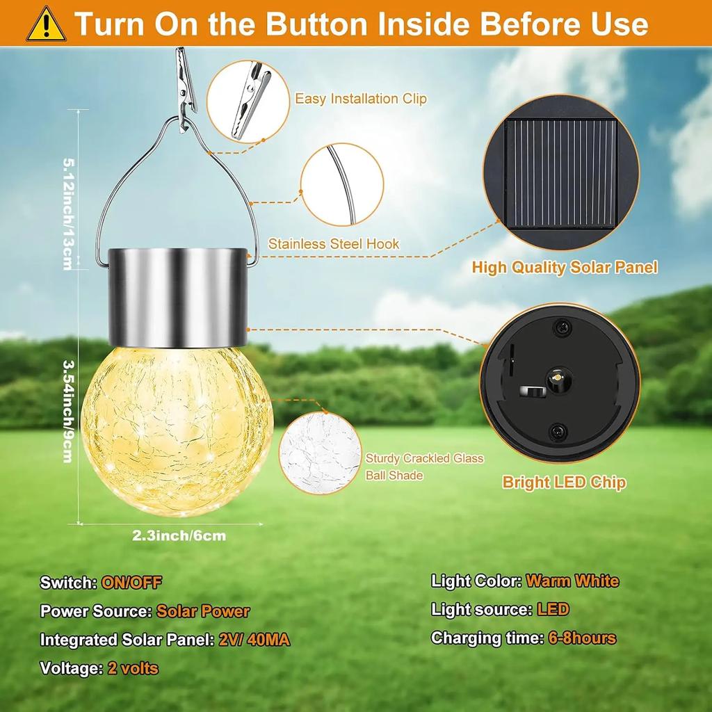 Waterproof Outdoor Hanging Cracked Glass Solar LED Decorative Ball White Light Yard Tree Solar Powered Globe Light Lantern Light