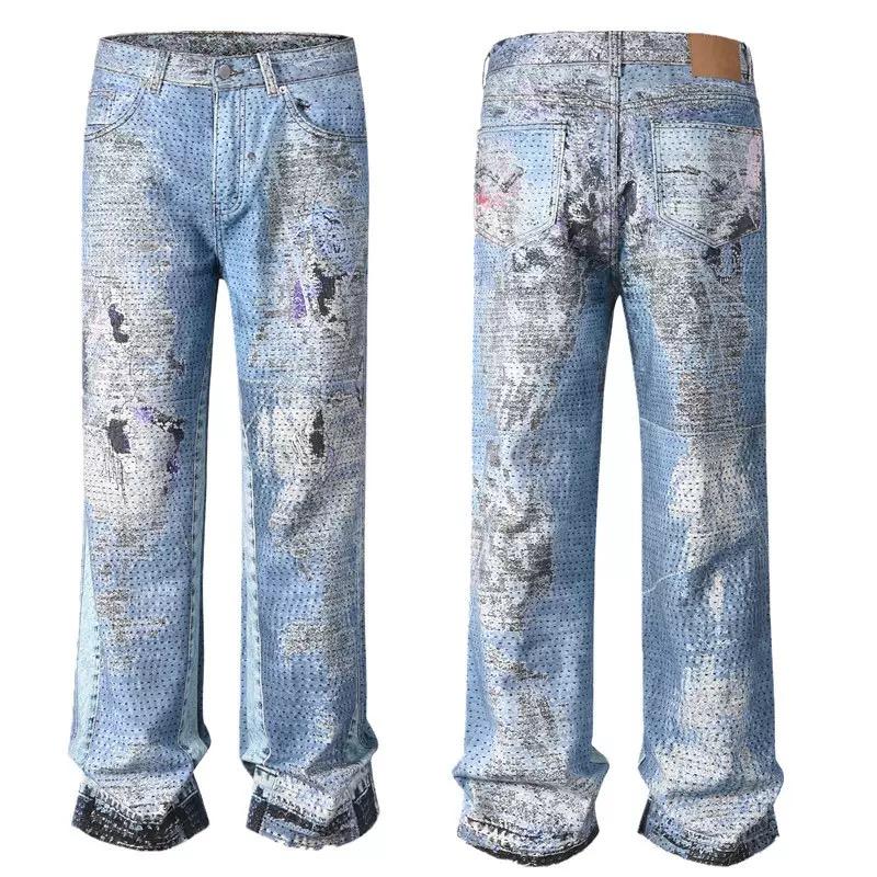 RogueWave High Street Straight Washed Dirty Ripped Blue Jeans Pants for Men Vintage Casual Loose Denim Trousers Frayed Patchwork Cargos