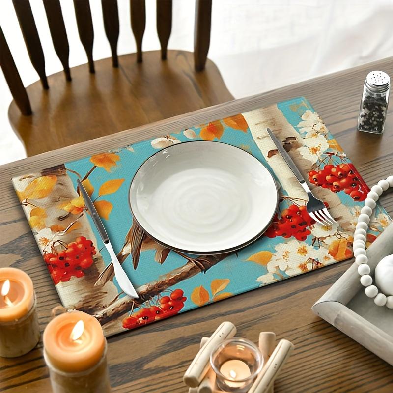 4pcs/6pcs Birch Forest Bird Linen Placemats Suitable for Kitchen Dining Table Decor, Scandinavian Table Setting with Birch Bark Suitable for Parties,