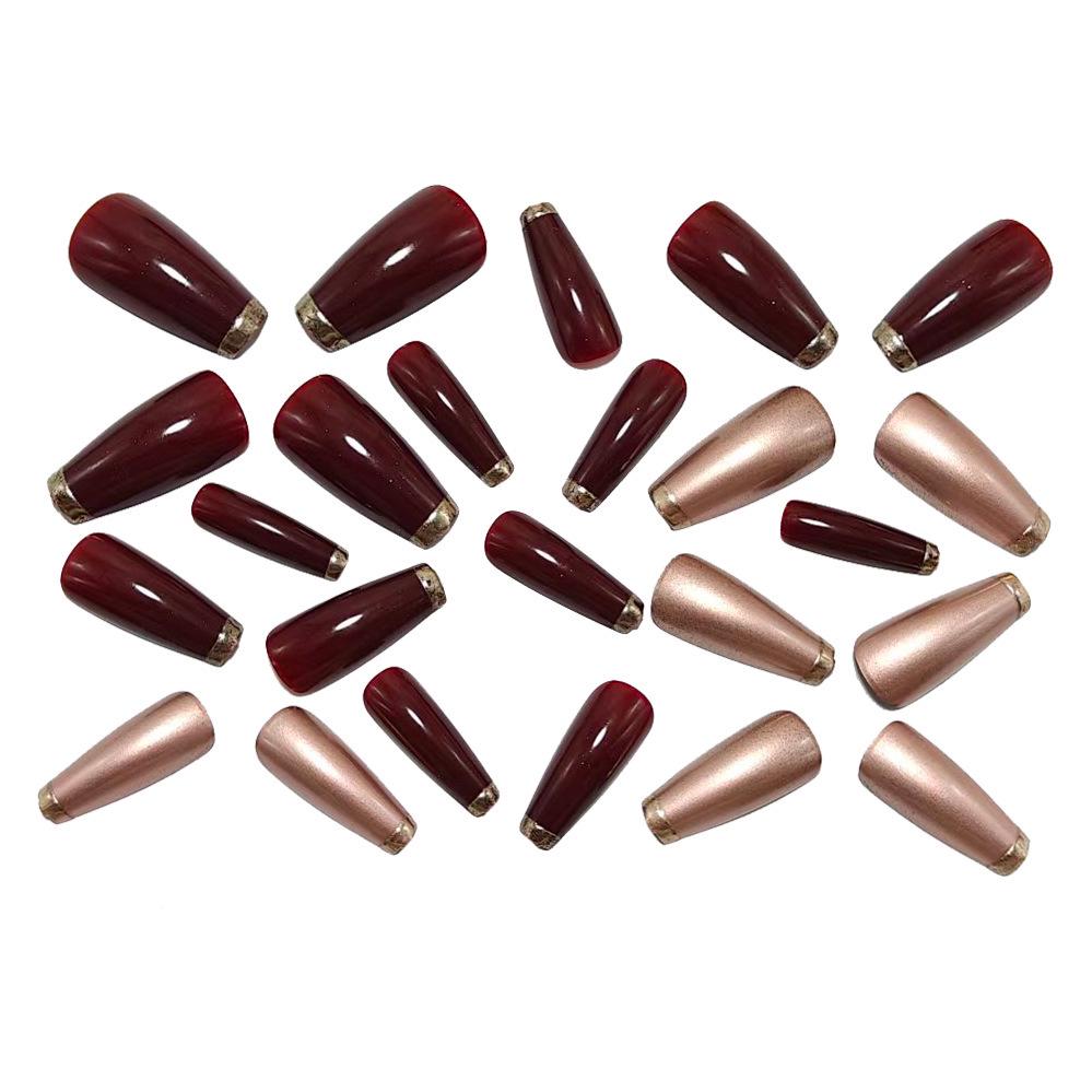 Luxuriöses weinrotes Set künstlicher Nägel - 24 mittellange Ballerina-Nägel mit metallischem Spiegel French Nail Art Aufklebern.