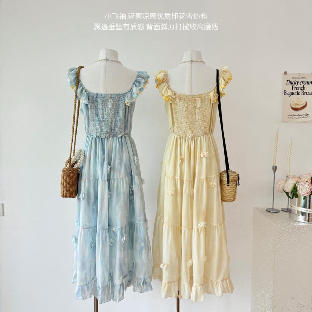 Blue Square Neck Chiffon Printed Small Flying Sleeve Suspender Dress Women's Sweet Waist Thin Long Dress Dress