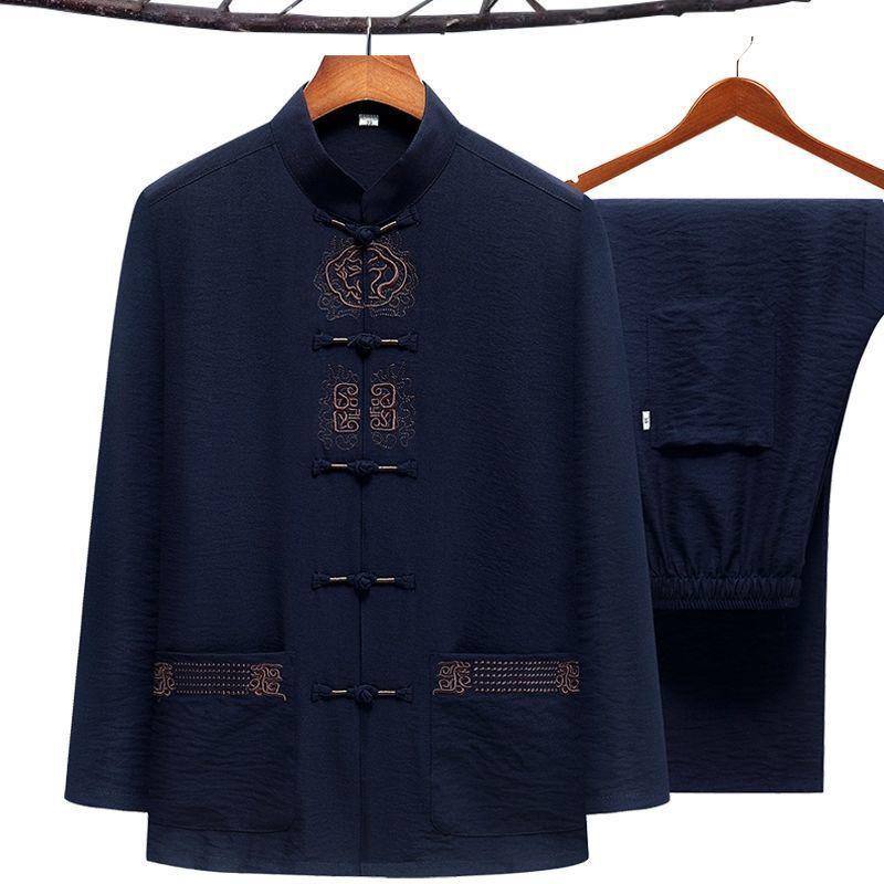 

Большой размер мужской костюм кунг-фу вышитый костюм Тан весна осень 2 шт рубашка и брюки китайская традиционная одежда тайцзи 3XL 4XL 5XL M темно-синий