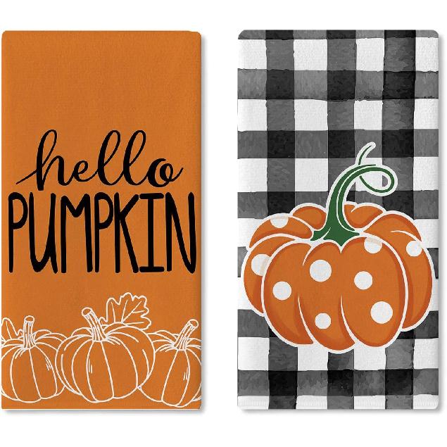 Fall Hello Pumpkin Kitchen Dish Towels Set of 2, Autumn Thanksgiving Buffalo Plaid Drying Hand Towel Baking Cooking Cloth, Polka Dots Seasonal