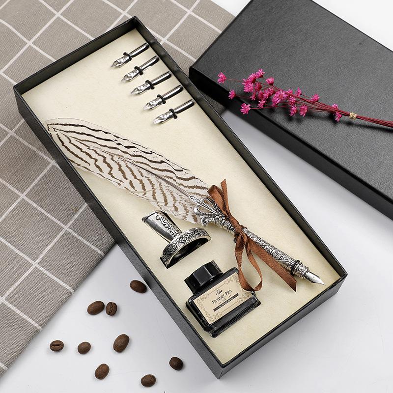European Retro Feather Calligraphy Set: Oblique Nib Dip Pen with Holder and Ink Engraving