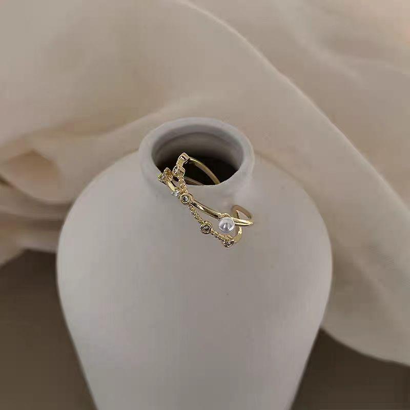 Simple cross pearl ring opening adjustable index finger ring premium cold wind ring