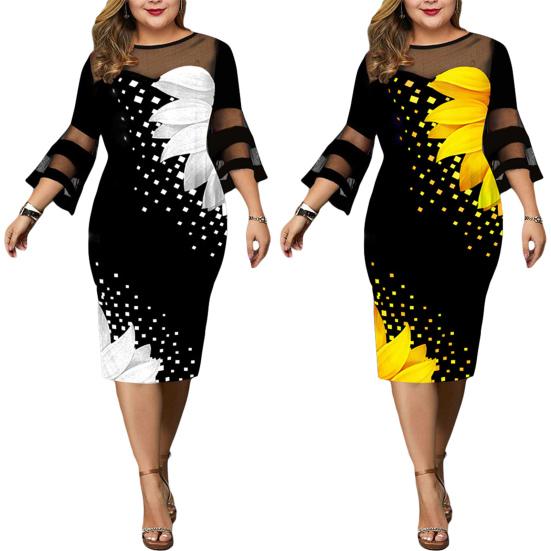 Halki damskie Plus Size Sukienka damska z nadrukiem cyfrowym Patchwork z siateczki Elegancka obcisła sukienka do połowy łydki z rozszerzanymi rękawami na wesele