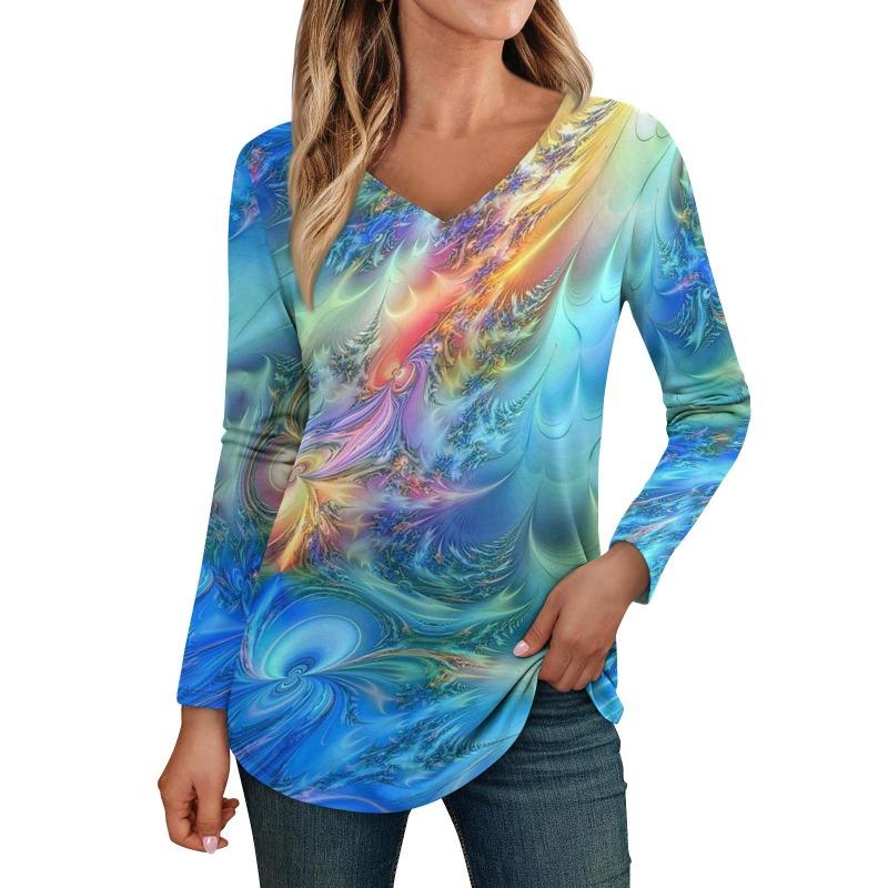 Damen Langarmshirts V-Ausschnitt Casual Blumendruck Basic Trendy T-Shirt Blusen Herbst Tunika Outfits Taillierte T-Shirts Damen